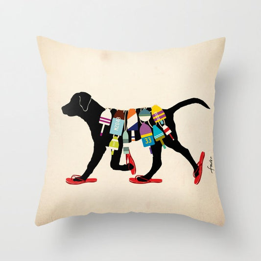 Black dog lab labrador buoy nautical beach ocean sandals flip flop art Throw Pillow Gallery Image 2