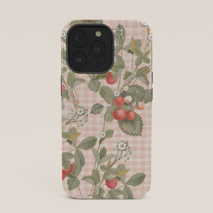 Vintage wild strawberries on cottage pink gingham pattern iPhone Case Gallery Image 35