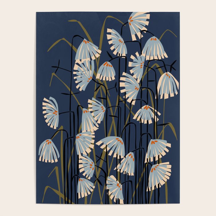 Linocut flower meadow blue Poster Gallery Image 1