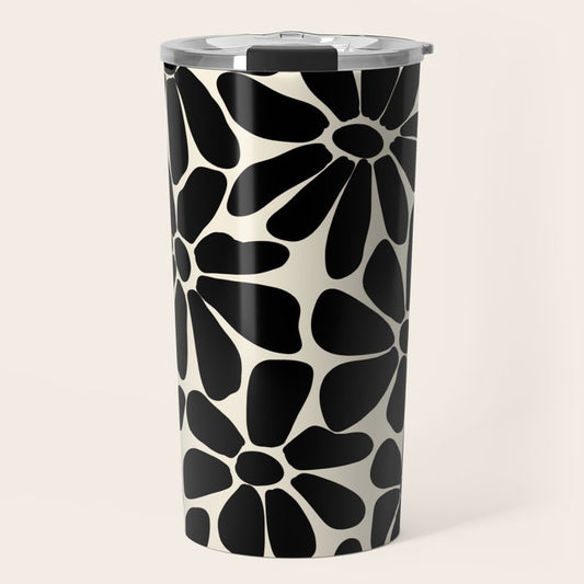Black and White Retro Floral Art Print Travel Mug Gallery Image 1