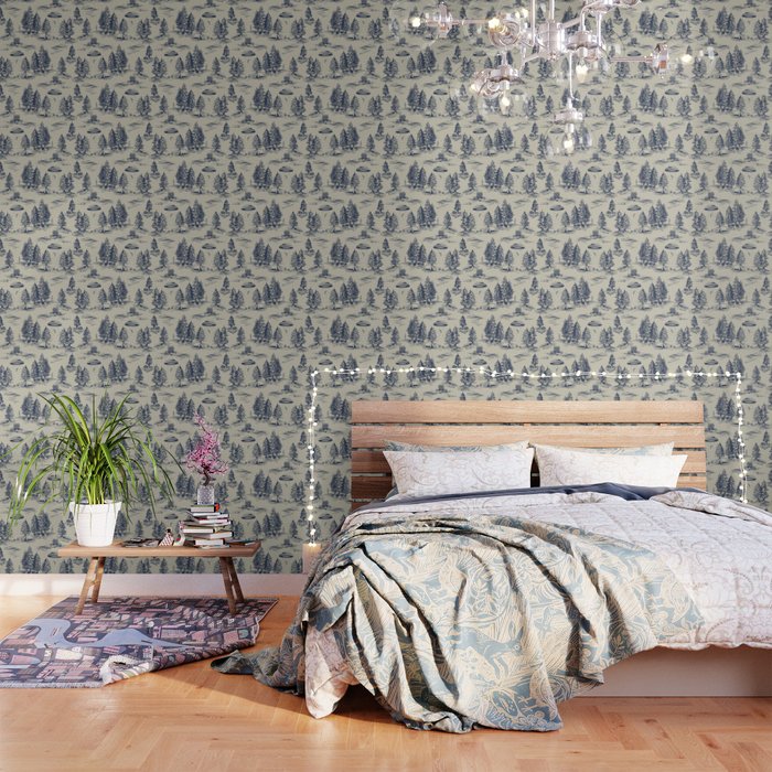 Alien Abduction Toile De Jouy Pattern in Blue Wallpaper Gallery Image 3