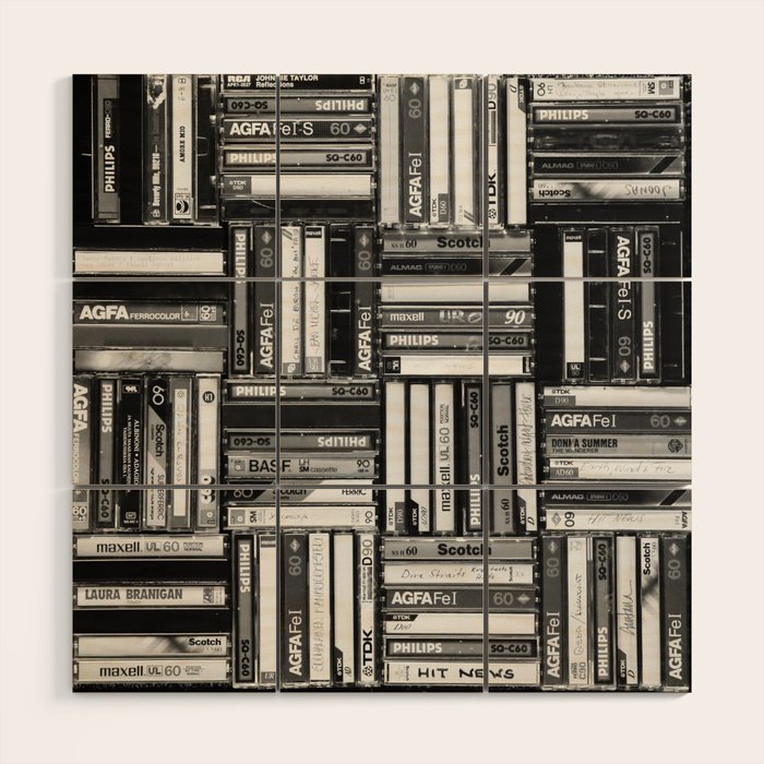 Music Cassette Stacks - Black and White - Something Nostalgic IV #decor #society6 #buyart Wood Wall Art Gallery Image 3