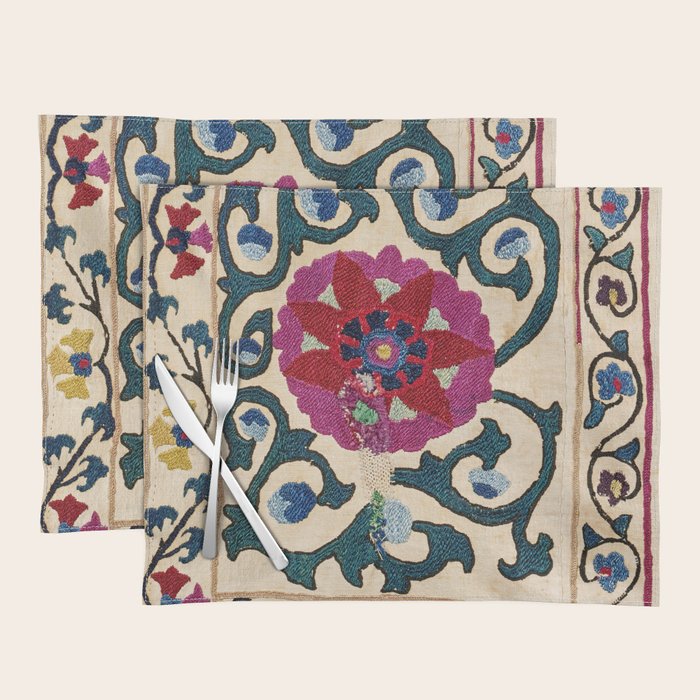 Shakhrisyabz Suzani Joynamoz Uzbekistan Floral Embroidery Print Placemat Gallery Image 1
