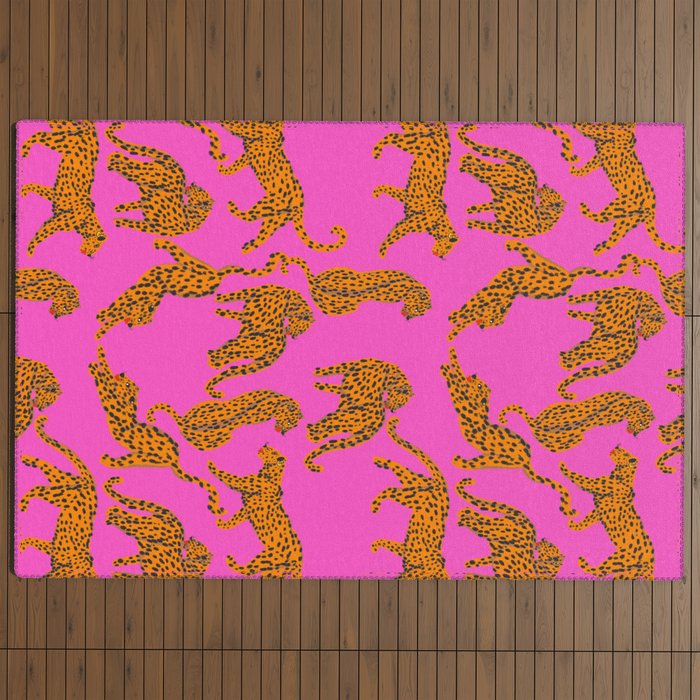 Abstract leopard with red lips illustration in fuchsia background Outdoor Rug Gallery Image 4