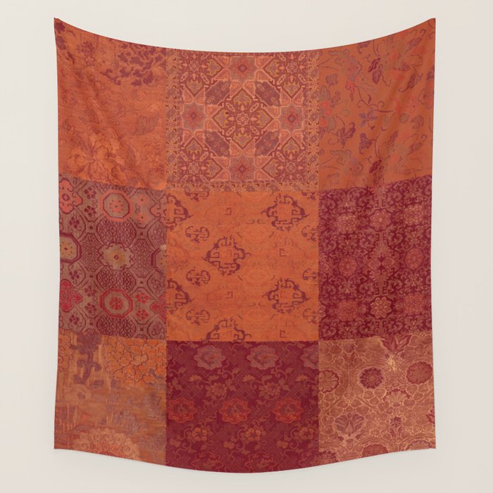 Vintage Bohemian Quilt in Burnt Orange Wall Tapestry Gallery Image 1