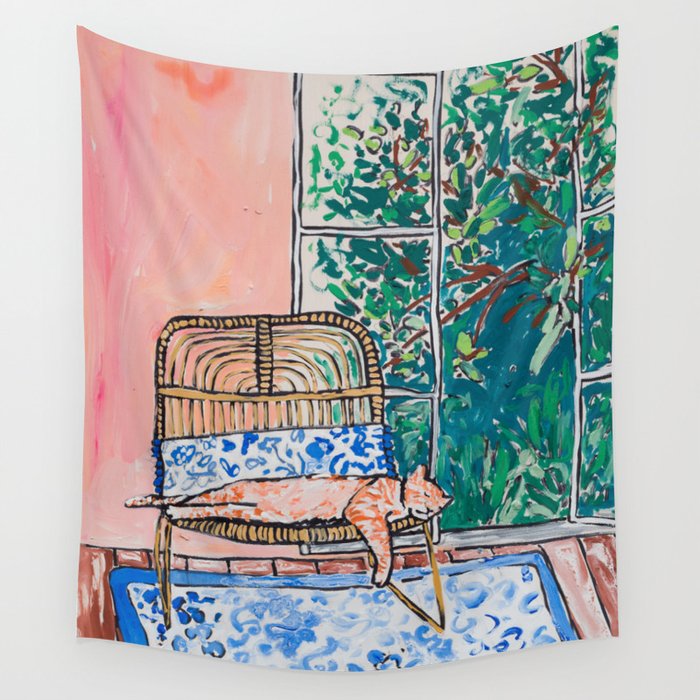 Napping Ginger Cat in Pink Jungle Garden Room Wall Tapestry Gallery Image 2