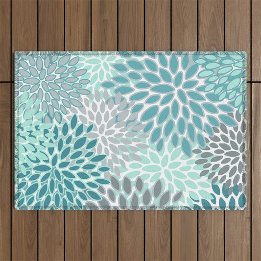 Modern, Floral Prints, Teal and Gray Outdoor Rug Gallery Image 1