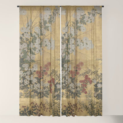Red White Chrysanthemums Vintage Floral Japanese Gold Leaf Screen Window Curtain Gallery Image 18
