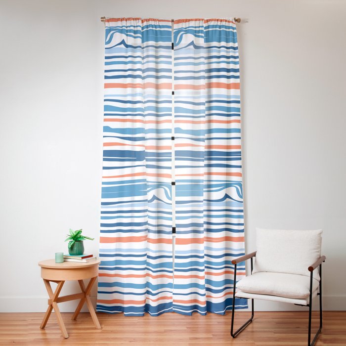 Modern Abstract Ocean Wave Stripes in Classic Blues and Orange Window Curtain Gallery Image 12