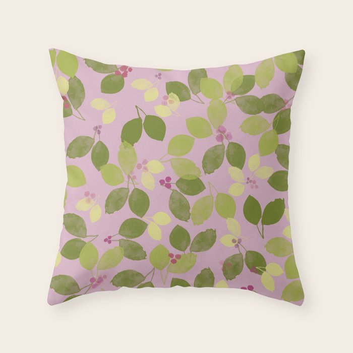 Summer Leaves and Berries on Pink Throw Pillow Gallery Image 1