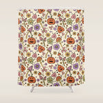 Whimsical Halloween Pattern Cute Pumpkins Mushrooms and Flowers in Pastel Autumn Colors Shower Curtain Gallery Image 1