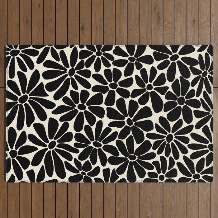 Black and White Retro Floral Art Print Outdoor Rug Gallery Image 2