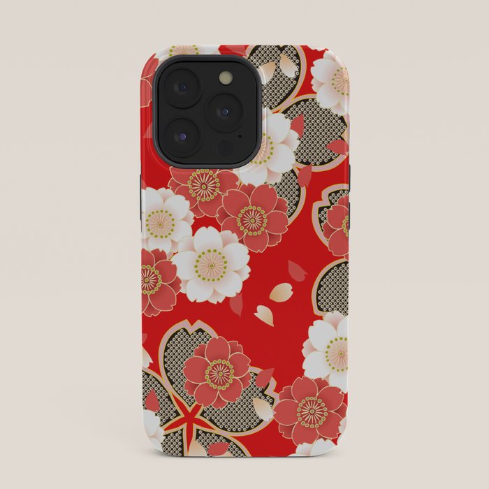 Japanese Vintage Red Black White Floral Kimono Pattern iPhone Case Gallery Image 35
