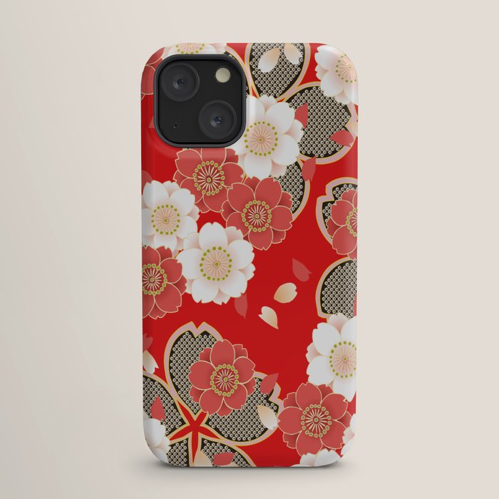 Japanese Vintage Red Black White Floral Kimono Pattern iPhone Case Gallery Image 17