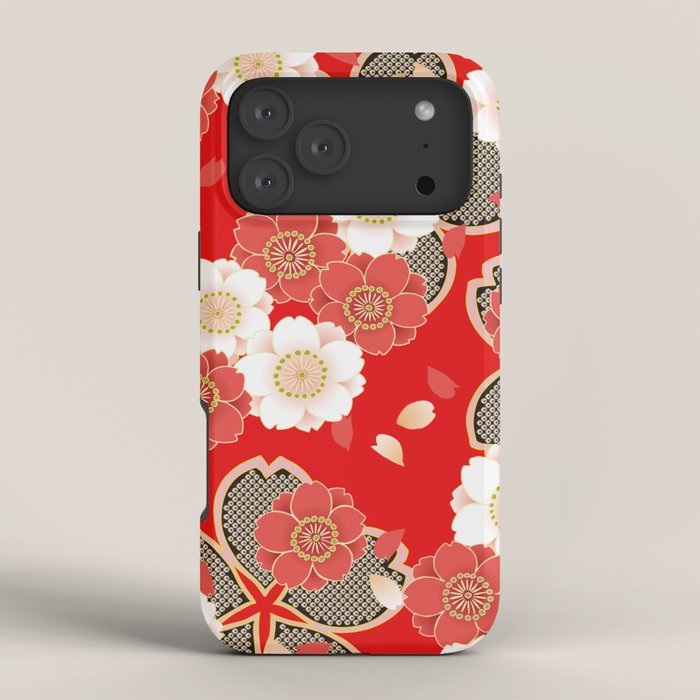 Japanese Vintage Red Black White Floral Kimono Pattern iPhone Case Gallery Image 4