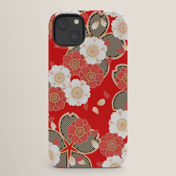 Japanese Vintage Red Black White Floral Kimono Pattern iPhone Case Gallery Image 26