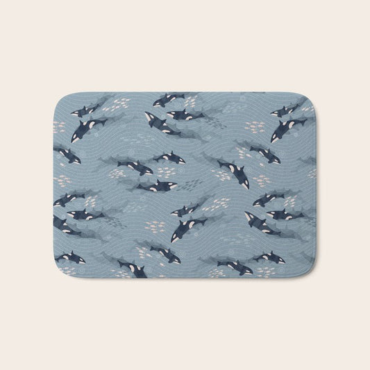 Orca in Motion / blue-gray ocean pattern Bath Mat Gallery Image 1