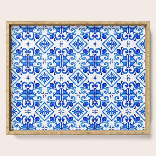 Greek Blue and White Pattern Spanish Tiles Amalfi Coast Pattern Serving Tray Gallery Image 1
