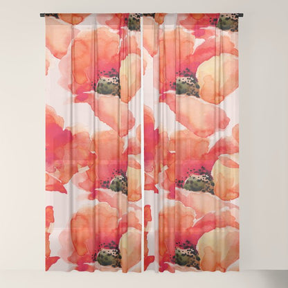 Abstract watercolor red orange pink poppies flowers Window Curtain Gallery Image 18