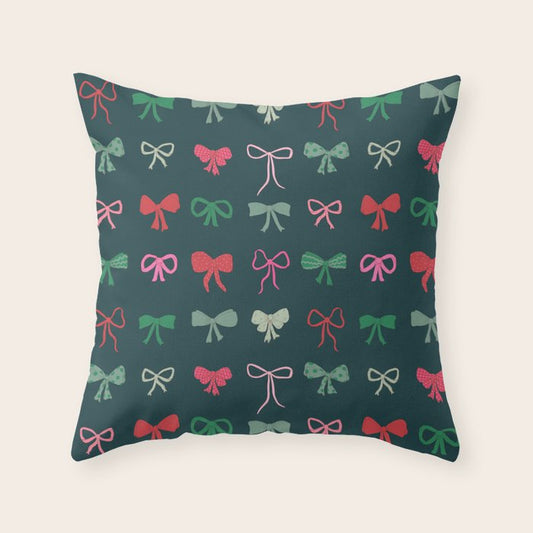 Christmas bows pattern green pink red Throw Pillow Gallery Image 1
