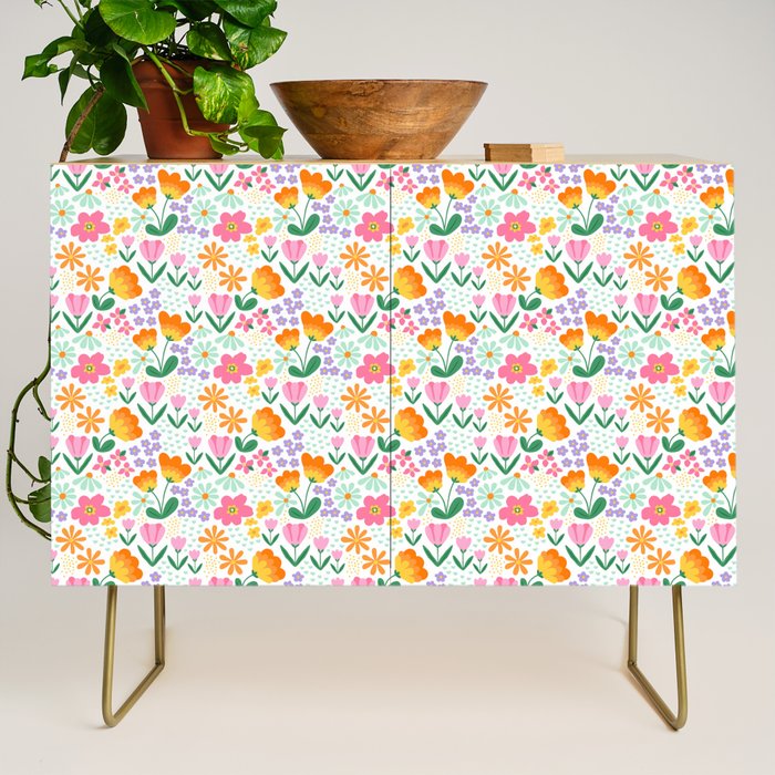 Colorful retro flower folk art pattern Credenza Gallery Image 1