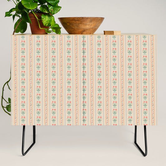 Vintage rose flower bouquet stripe art pattern Credenza Gallery Image 2
