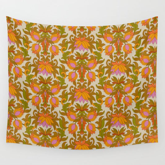 Orange, Pink Flowers and Green Leaves 1960s Retro Vintage Pattern Wall Tapestry Gallery Image 1