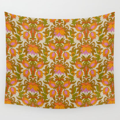 Orange, Pink Flowers and Green Leaves 1960s Retro Vintage Pattern Wall Tapestry Gallery Image 4