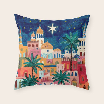 Oriental city under a starry sky in bright colours Throw Pillow Gallery Image 4