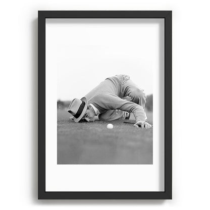 Eye to the ground on the 18th hole; golfing man eyes ball to measure distance to hole vintage black and white portrait photograph - photography - photographs poster Framed Art Print Gallery Image 81
