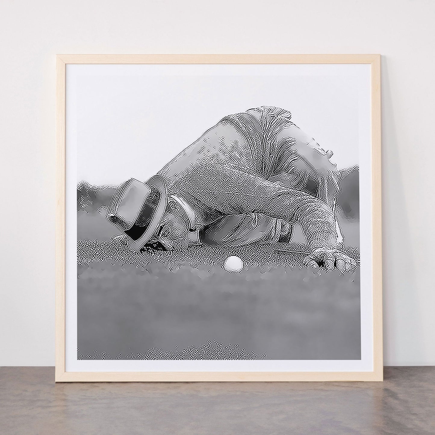 Eye to the ground on the 18th hole; golfing man eyes ball to measure distance to hole vintage black and white portrait photograph - photography - photographs poster Framed Art Print Gallery Image 77