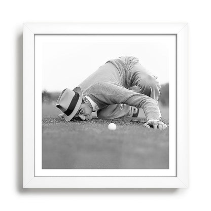 Eye to the ground on the 18th hole; golfing man eyes ball to measure distance to hole vintage black and white portrait photograph - photography - photographs poster Framed Art Print Gallery Image 35