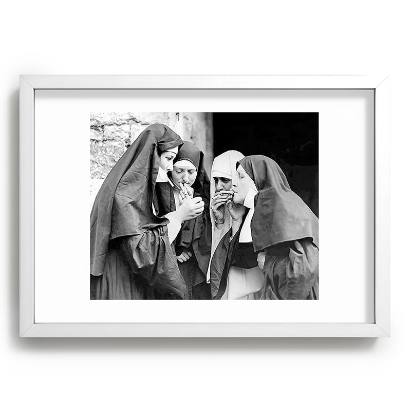 Nuns smoking black and white photograph - photography - photographs portrait for home and wall decor Framed Art Print Gallery Image 105