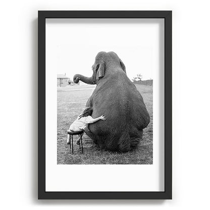 Odd Best Friends, Sweet Little Girl hugging elephant black and white photograph Framed Art Print Gallery Image 81