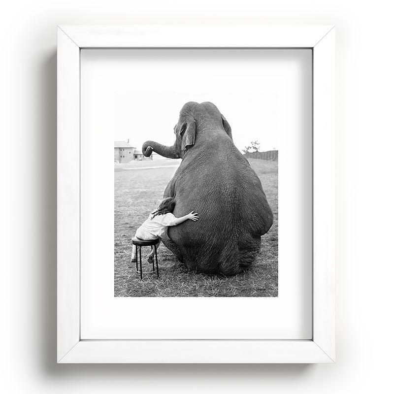Odd Best Friends, Sweet Little Girl hugging elephant black and white photograph Framed Art Print Gallery Image 104