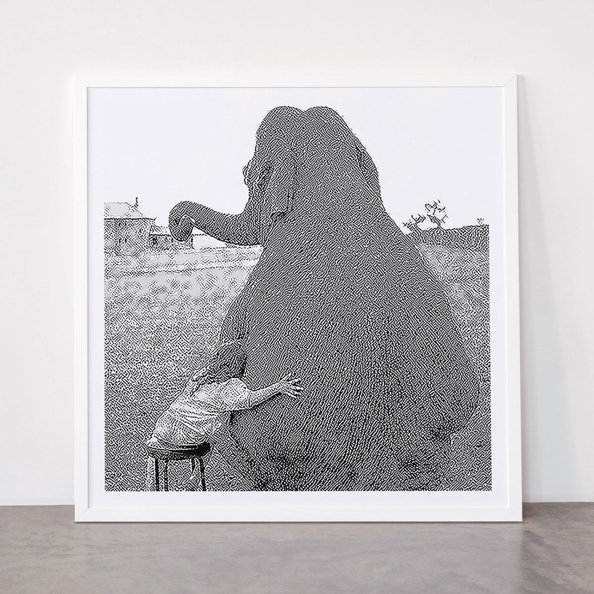 Odd Best Friends, Sweet Little Girl hugging elephant black and white photograph Framed Art Print Gallery Image 87
