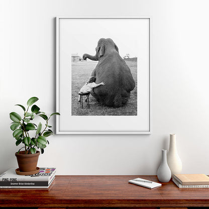 Odd Best Friends, Sweet Little Girl hugging elephant black and white photograph Framed Art Print Gallery Image 39