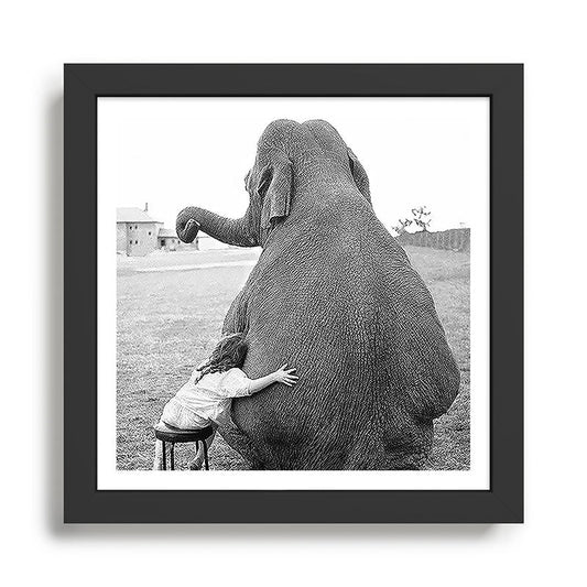 Odd Best Friends, Sweet Little Girl hugging elephant black and white photograph Framed Art Print Gallery Image 2