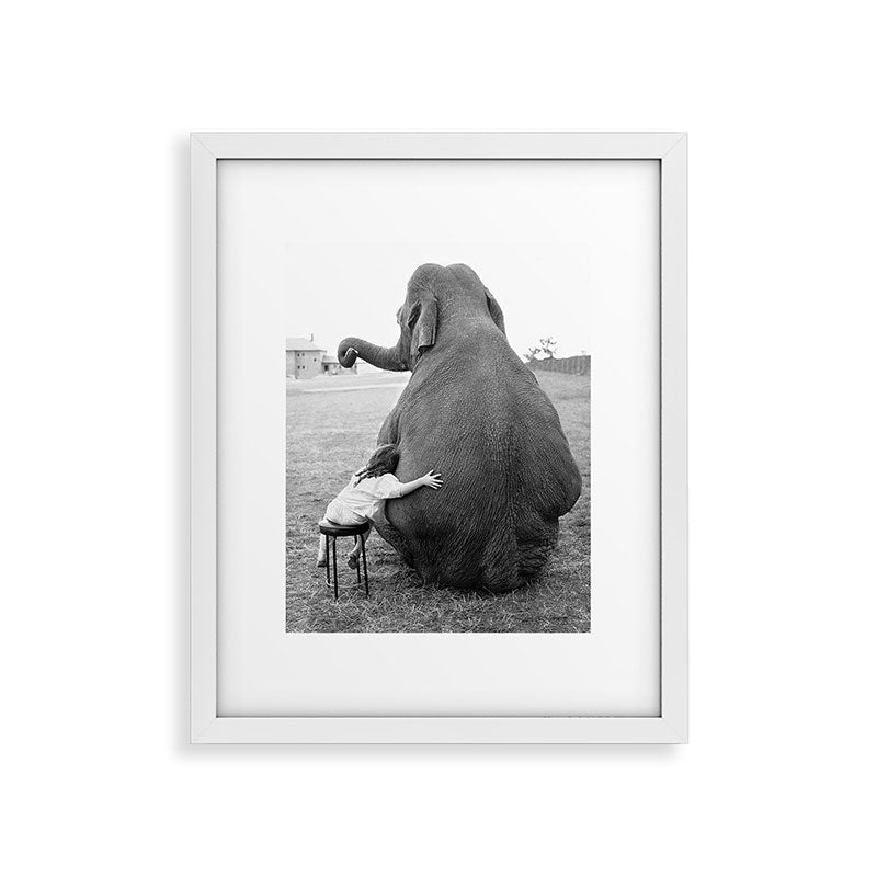 Odd Best Friends, Sweet Little Girl hugging elephant black and white photograph Framed Art Print Gallery Image 30
