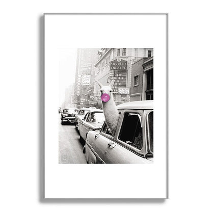 Perfect Pink Bubble Gum Llama taking a New York Taxi black and white photograph Framed Art Print Gallery Image 137