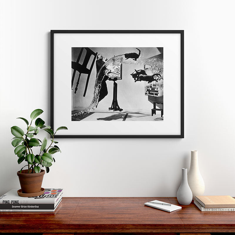 Dalí Atomicus, Salvador Dali painting with flying cats and water spurts surrealism / surrealist black and white photograph / photography by Philippe Halsman Framed Art Print Gallery Image 9