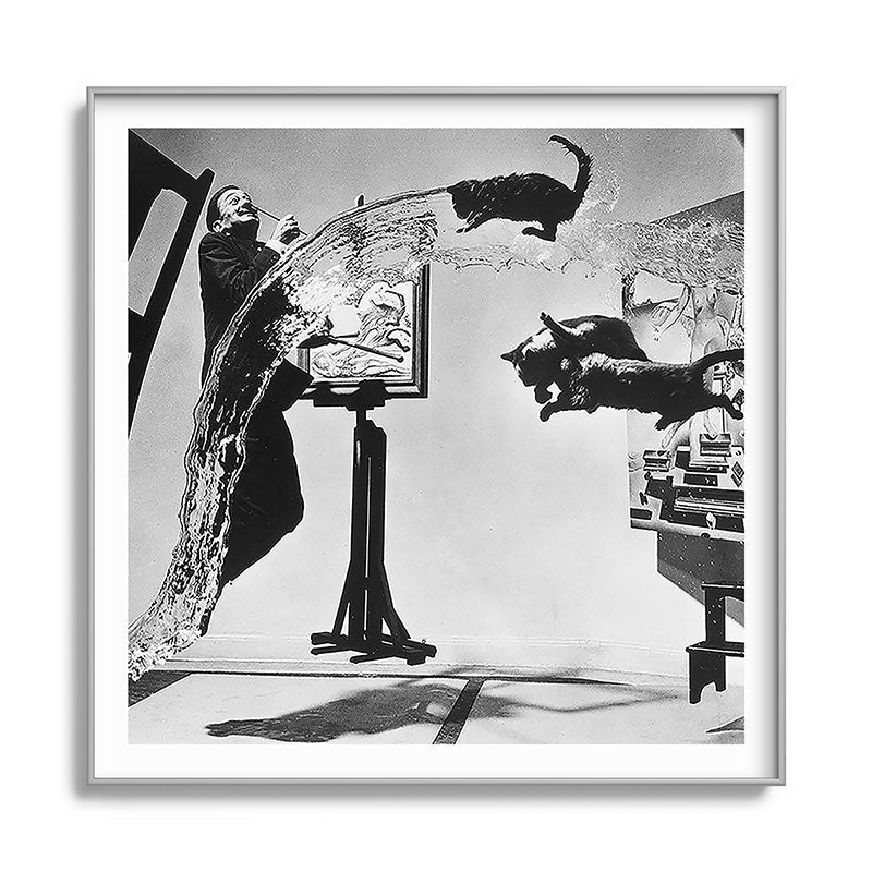 Dalí Atomicus, Salvador Dali painting with flying cats and water spurts surrealism / surrealist black and white photograph / photography by Philippe Halsman Framed Art Print Gallery Image 141