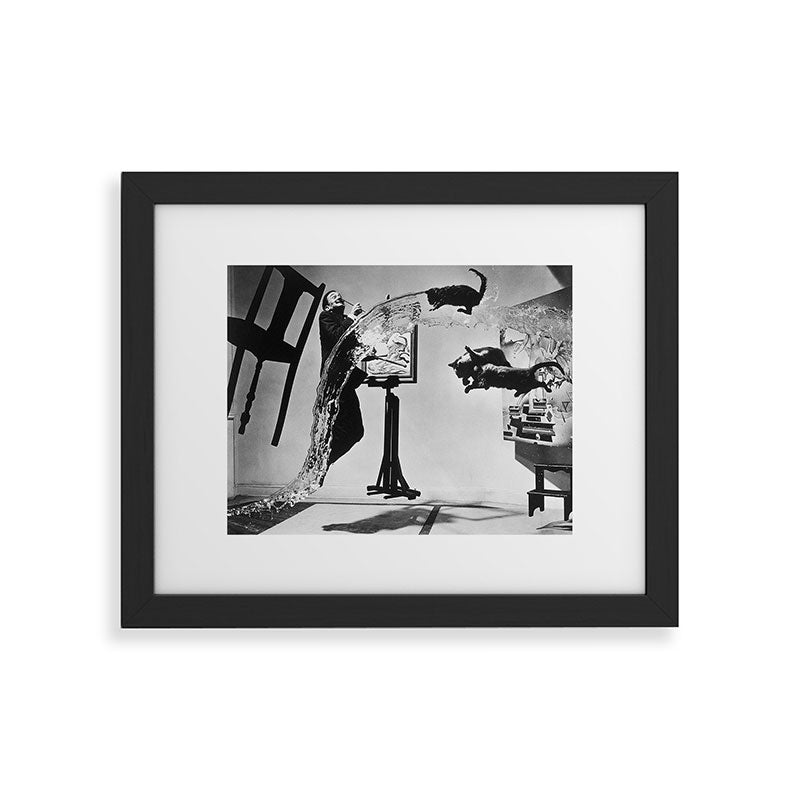 Dalí Atomicus, Salvador Dali painting with flying cats and water spurts surrealism / surrealist black and white photograph / photography by Philippe Halsman Framed Art Print Gallery Image 47