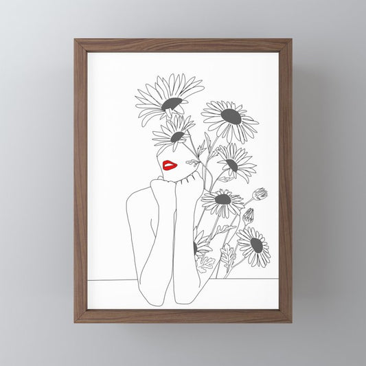 Minimal Line Art Girl with Sunflowers Mini Art Print Gallery Image 2