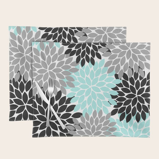 Aqua Black Gray Flower Burst Floral Pattern Placemat Gallery Image 1
