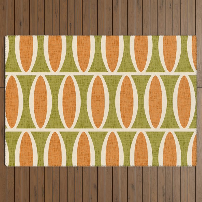 Retro Vintage 1950s Style Geometric Oval Pattern 228 Googie Orange Olive Green Outdoor Rug Gallery Image 3