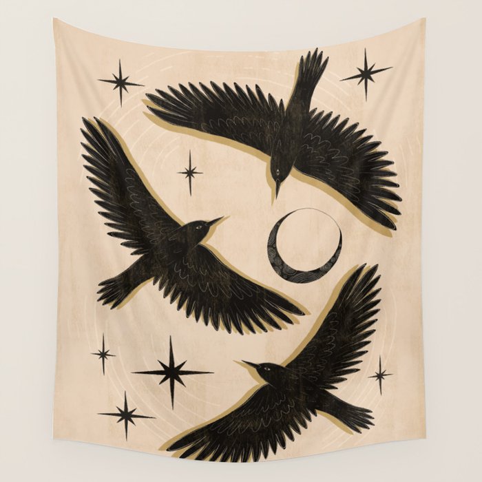Black birds flying with the Moon Wall Tapestry Gallery Image 1