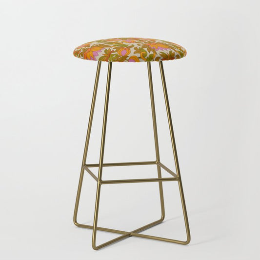 Orange, Pink Flowers and Green Leaves 1960s Retro Vintage Pattern Stool Gallery Image 2
