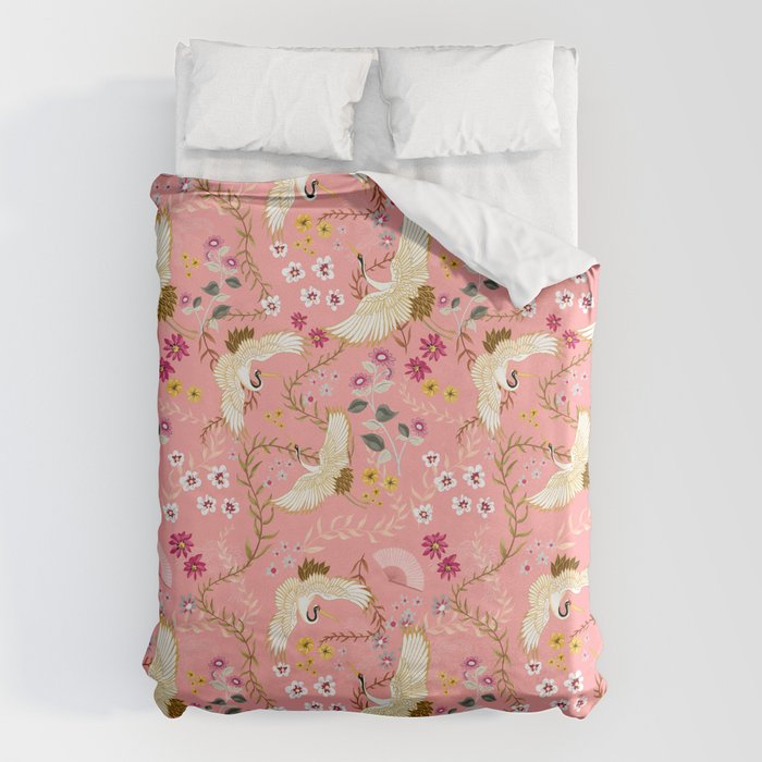 Chinoiserie cranes on pink, birds, flowers, Duvet Cover Gallery Image 1
