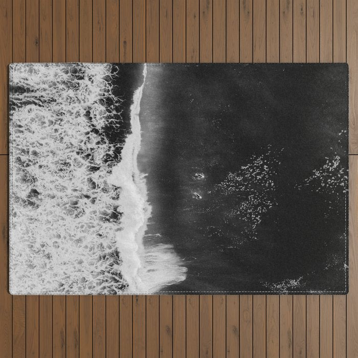 Surfer girls from above in Ericeira Portugal | Ocean wanderlust photography black and white print Outdoor Rug Gallery Image 3